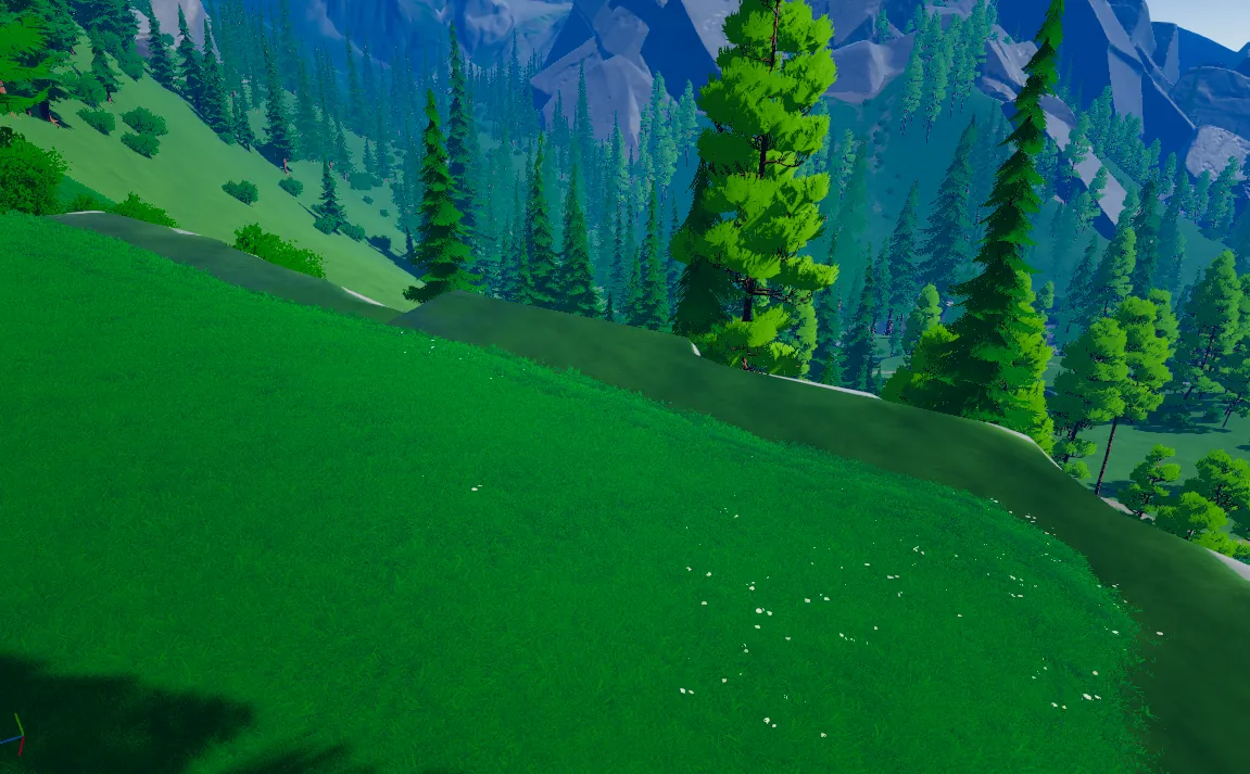 A grassy slope with spruce and pine trees below mountains